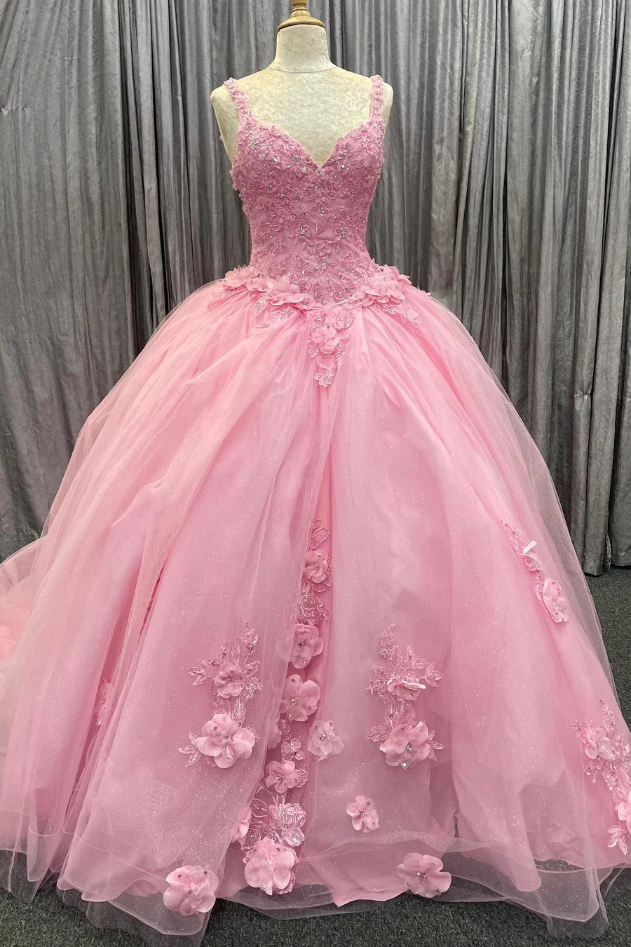 Pink Floral Appliques Sweetheart Lace-Up Ball Gown